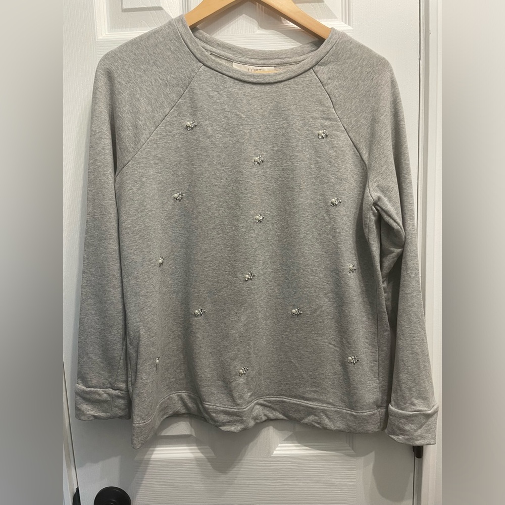 Loft Pearl Rhinestones Crew Neck Light Gray Sweater Size Medium